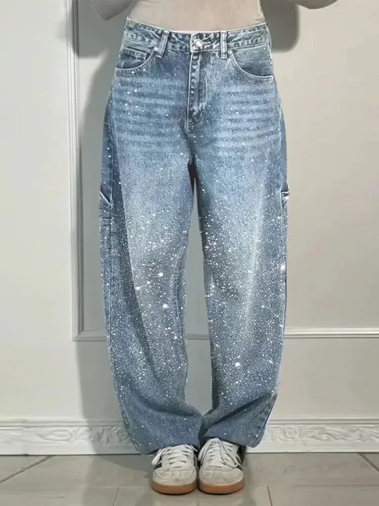 Y2K Shiny Rhinestone Baggy Women's Wide Leg Jeans Full Diamond Wide Leg Dragging Denim Pants Vintage Washed Casual Trousers