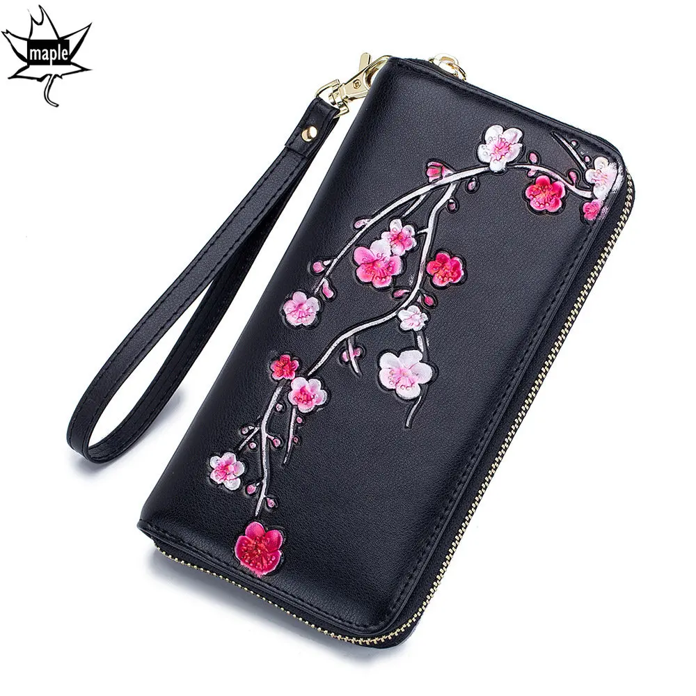 

Plum Blossom Luxury High Quality Cowide Leather Women Wallet Female Card Holder Casual Zip Ladies Clutch Real Leather Coin Purse