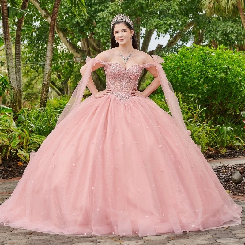 

Pink Princess Sparkly Quinceanera Dresses 2024 Luxury Pearl Crystal Tull Corset Lace-up vestidos 15 de xv años Sweet 16 Gown