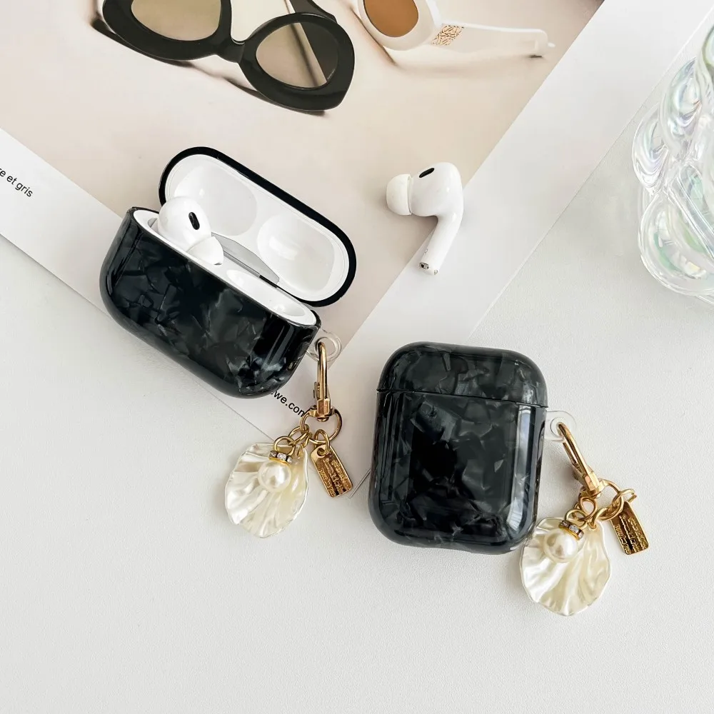 Black Shell Pattern Earphone Cover For AirPods 4 4th Generation 2024 ANC Case For Airpods 3 2 1 Pro 2 2nd Sleeve With Keychain view 2