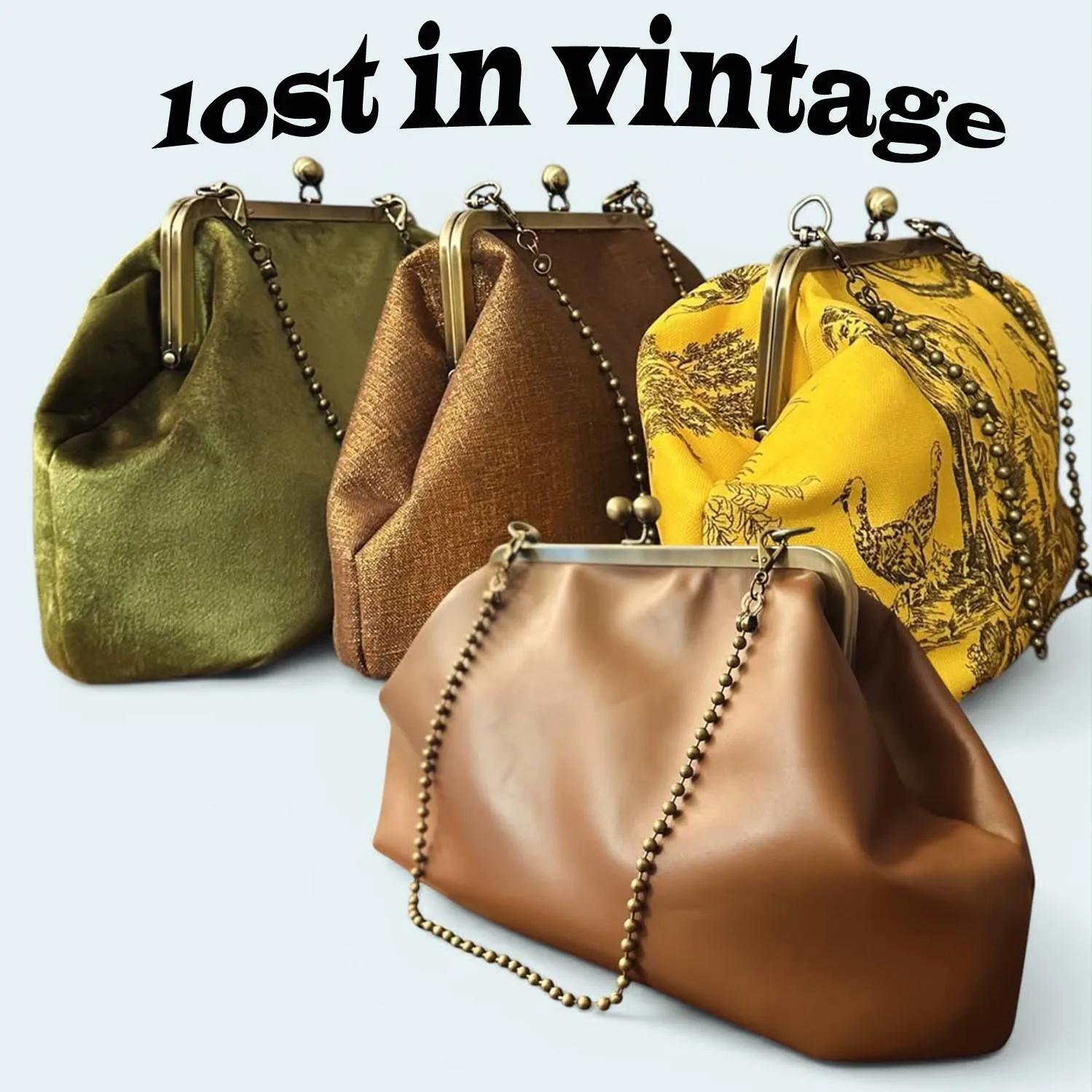 Lost in Vinatge Artficial Leathe Frame Bags 44x21x15cm Bronze Snap losure with Spheres Bronze Kiss Lock Evening Bag Large Clutch