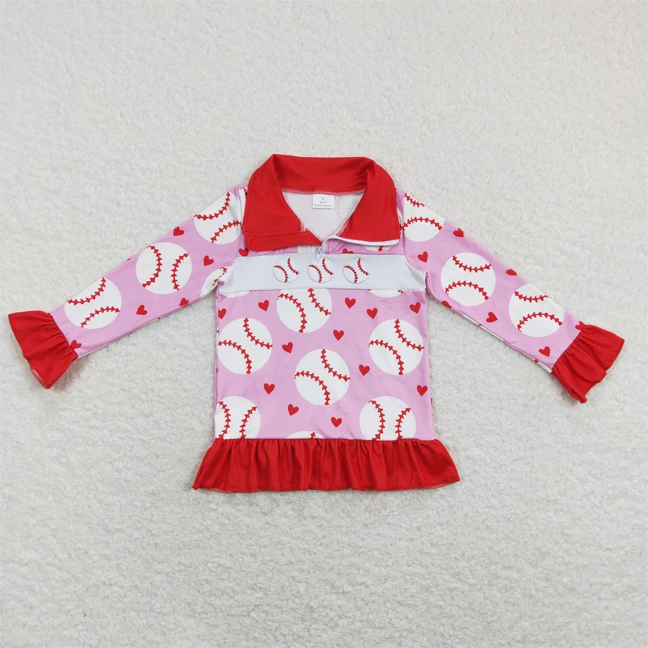 

Wholesale Baby Girl Embroidery Baseball Pink Tops Toddler Zipper Pullover Kids Lapel Ruffle Shirt Children Long Sleeves Clothing