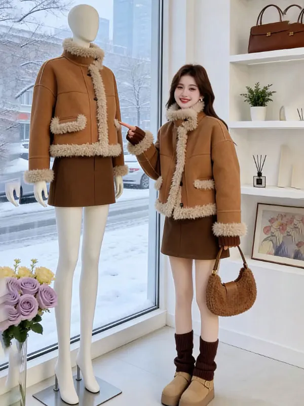 

Retro Suede ort Jaet Thiened Faionable Sli Winter Coat for Small Figures Women's Premium Quali Cotton Coat