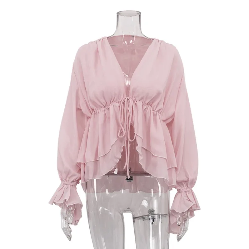 2025 Nieuwe Casual Dameskleding 2025 Nieuwe Sexy Hot Girl Lace-Up Lange Mouw Top Geplooid Los Ontwerp Franse Shirt voor Vrouwen