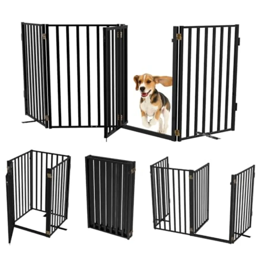 

Full Metal Freestanding Dog Gate 80 W × 32 H with Door for Indoor Outdoor Use Extra Wide Foldable Pet Gate for Stairs Hallways