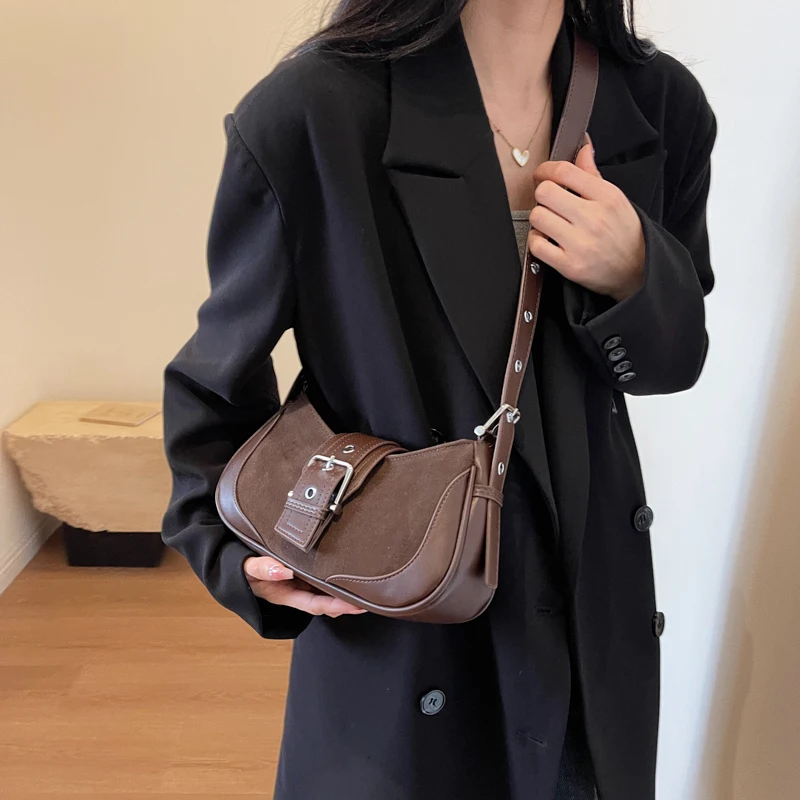 LEFTSIDE Belt Buckle Leather Crossbody Bags for Women 2023 Winter Underarm Bag Handbags and Purses Latest Fashion Shoulder Bag