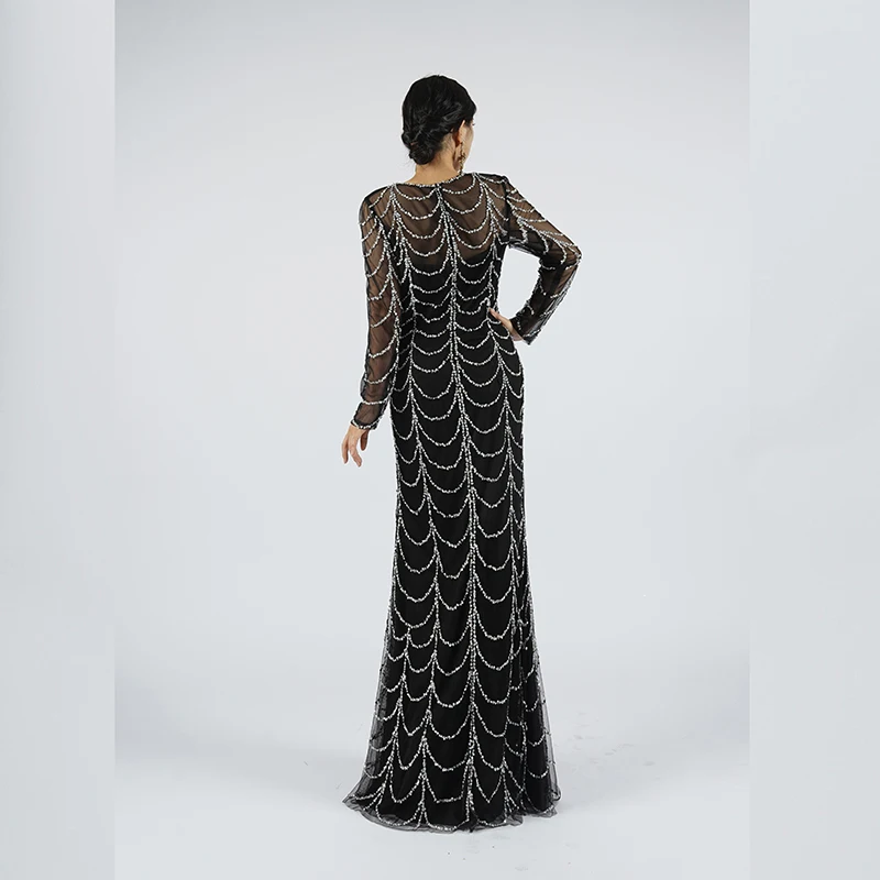 Baisha Light luxury  evening dress long sleeve round neck net gauze beaded slim long European American evening dress C1