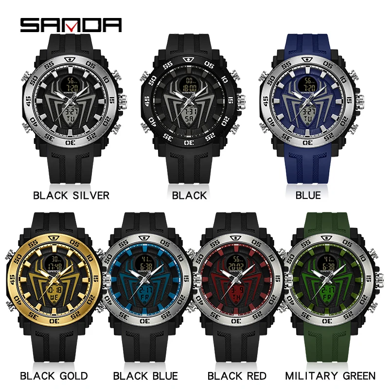 SANDA New Men Watch Big Spider Dial Design Sport Watch LED Digital quartz Waterproof Watch Men Multifunction Dual Display Clock