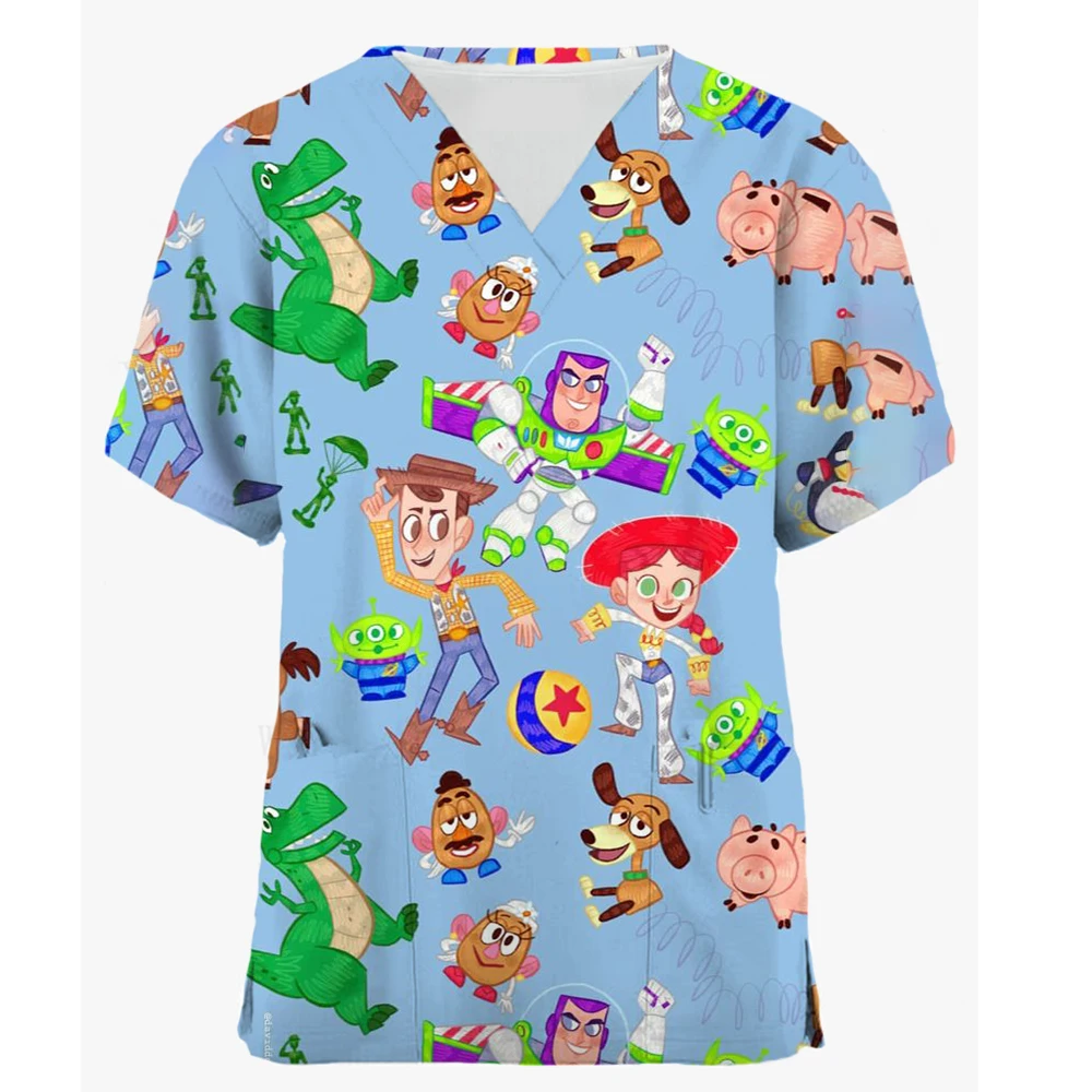 

Women T Shirt Nurse Uniform Cartoon Toy Story 4 Print V-Neck Pocket Medical Cartoon Nursing Scrubs Uniforme Enfermera Women Clot