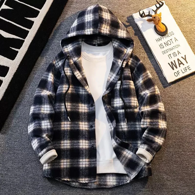 Autumn and Spring New Fashion Trend American Vintage Plaid Long Sleeve Shirt Men's Casual Loose Sports Plus Size Hooded Shirt