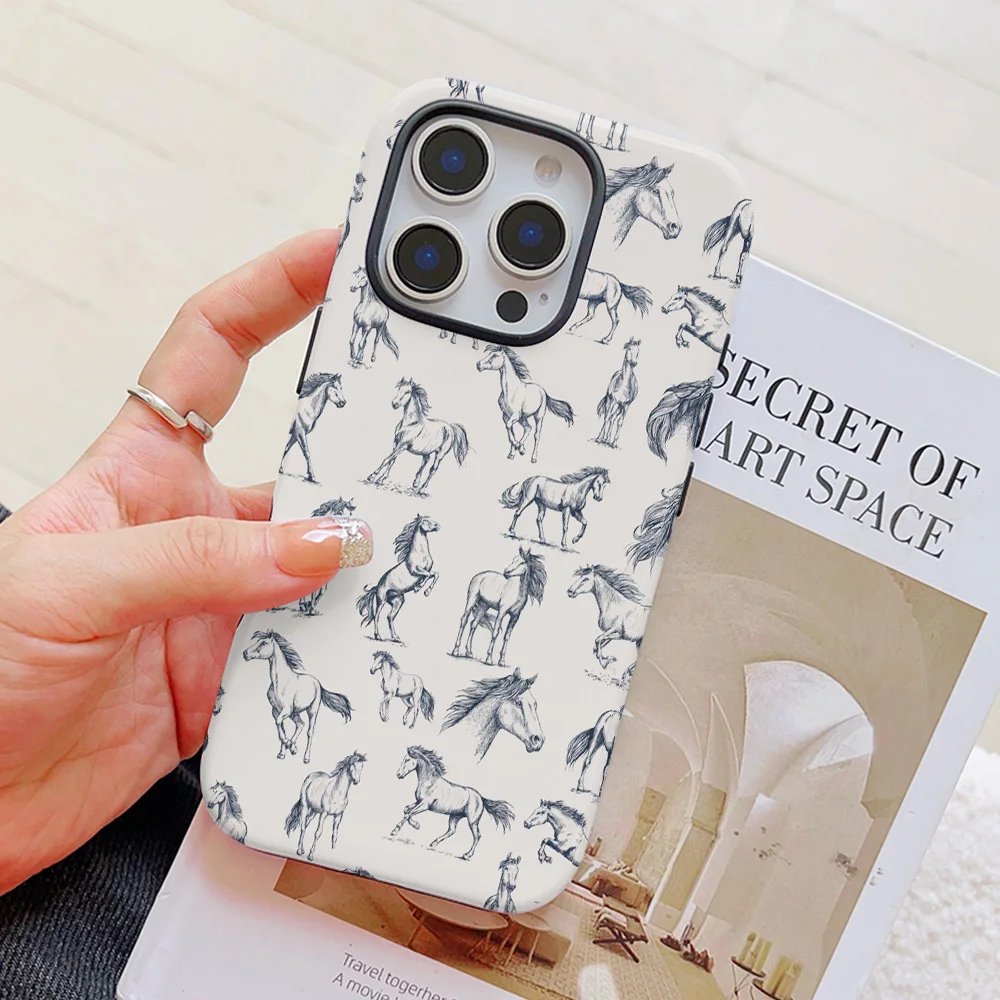 グレーのランニング馬パターン電話ケース iPhone 16 15 14 13 12 11 プロマックスプラス高級磁気二層バックカバー
