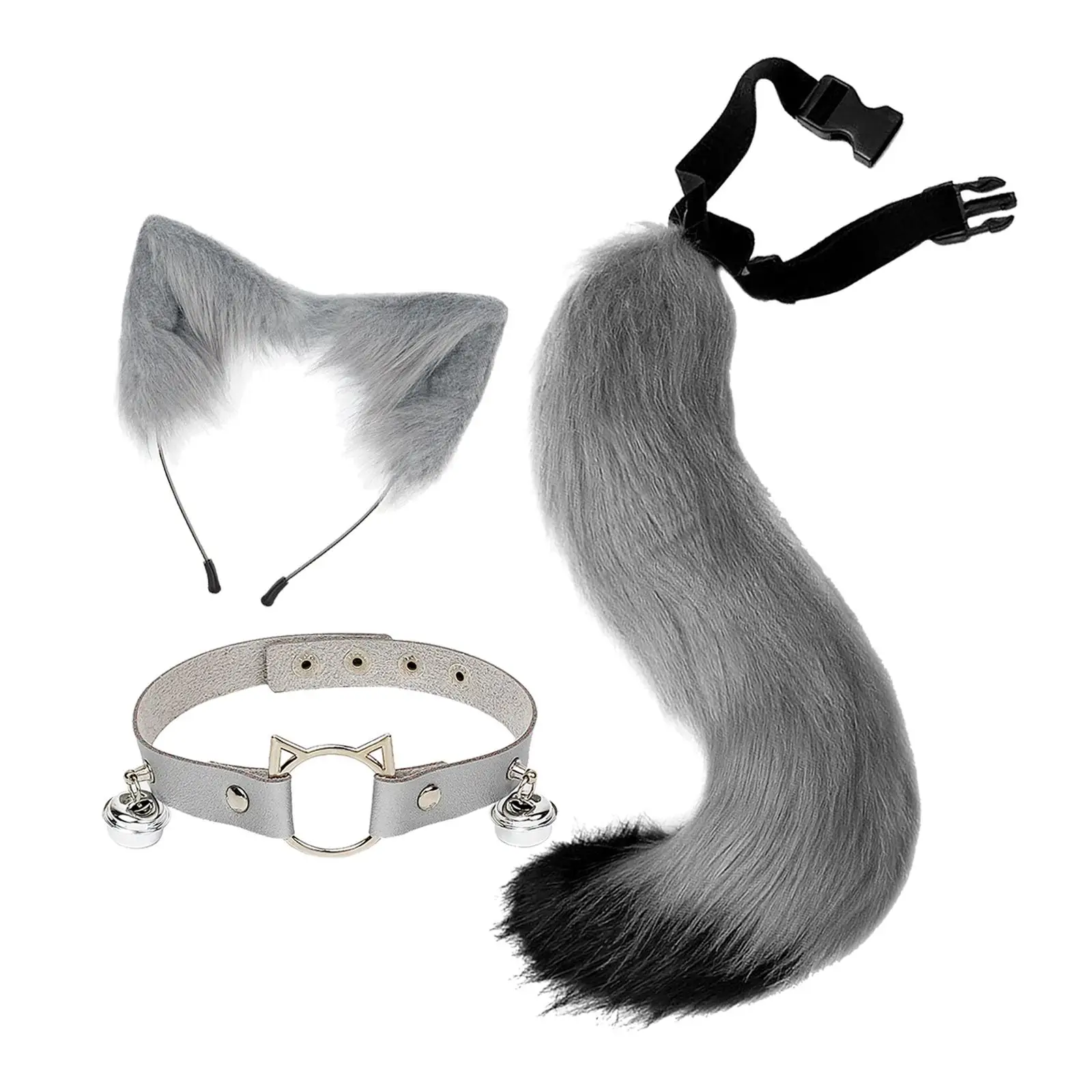 3Pcs Plush Fox Ears and Tail Set Furry Wolf Long Tail Lolita Cosplay Hair Accessories for Halloween Party Dress up Women Girls
