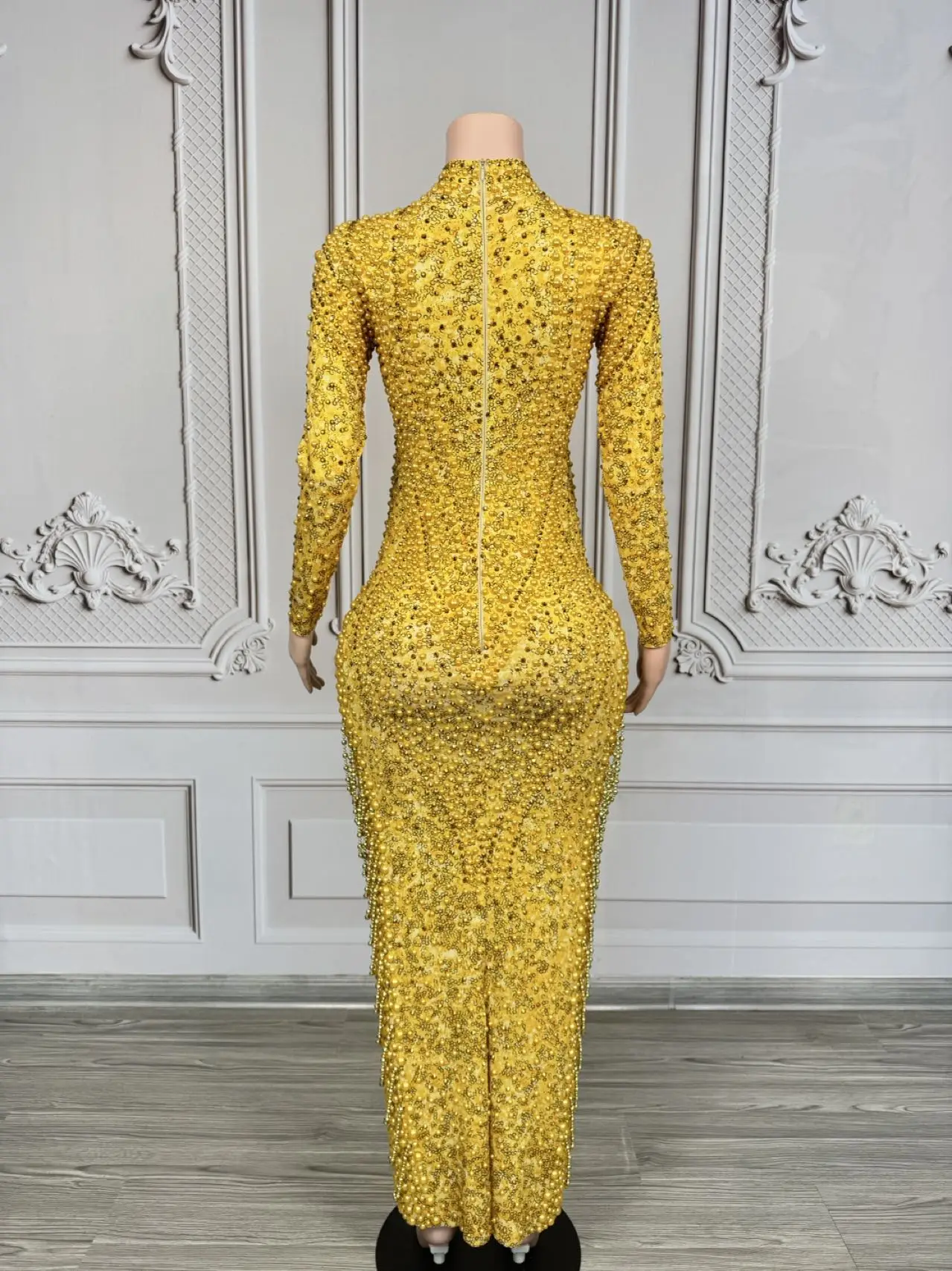 Elegancka, seksowna, błyszcząca sukienka długa z perłami i cyrkoniami Jincancan, damska, na przyjęcie urodzinowe, wieczór, studniówkę, wesele, luksusowe sesje zdjęciowe.