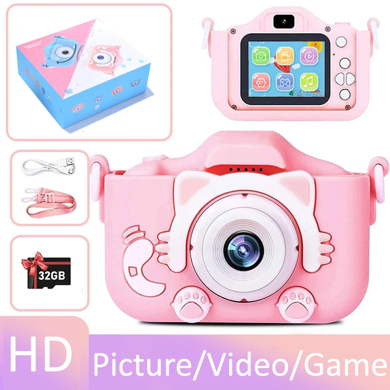 X2 Enfants Caméra 32G Mini Numérique Dessin Animé Chat Cam Jouets Éducatifs Pour Enfants HD Caméra Vidéo En Plein Air Photographie Jouet De Noël Cadeaux