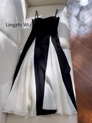 Lingzhi Wu Top Quality Long Dress Elegant Ladies Formal Vestidos Black White Collage Brief Spaghetti Strap Holiday Sweetheart