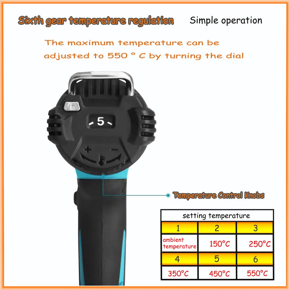 Imagem -05 - Makita-pistola de Calor sem Fio Original Dhg181 18v Max 550 °c Bateria de Lítio 200l por Min Alta Potência Heat Shrink Film Baking Gun Portátil