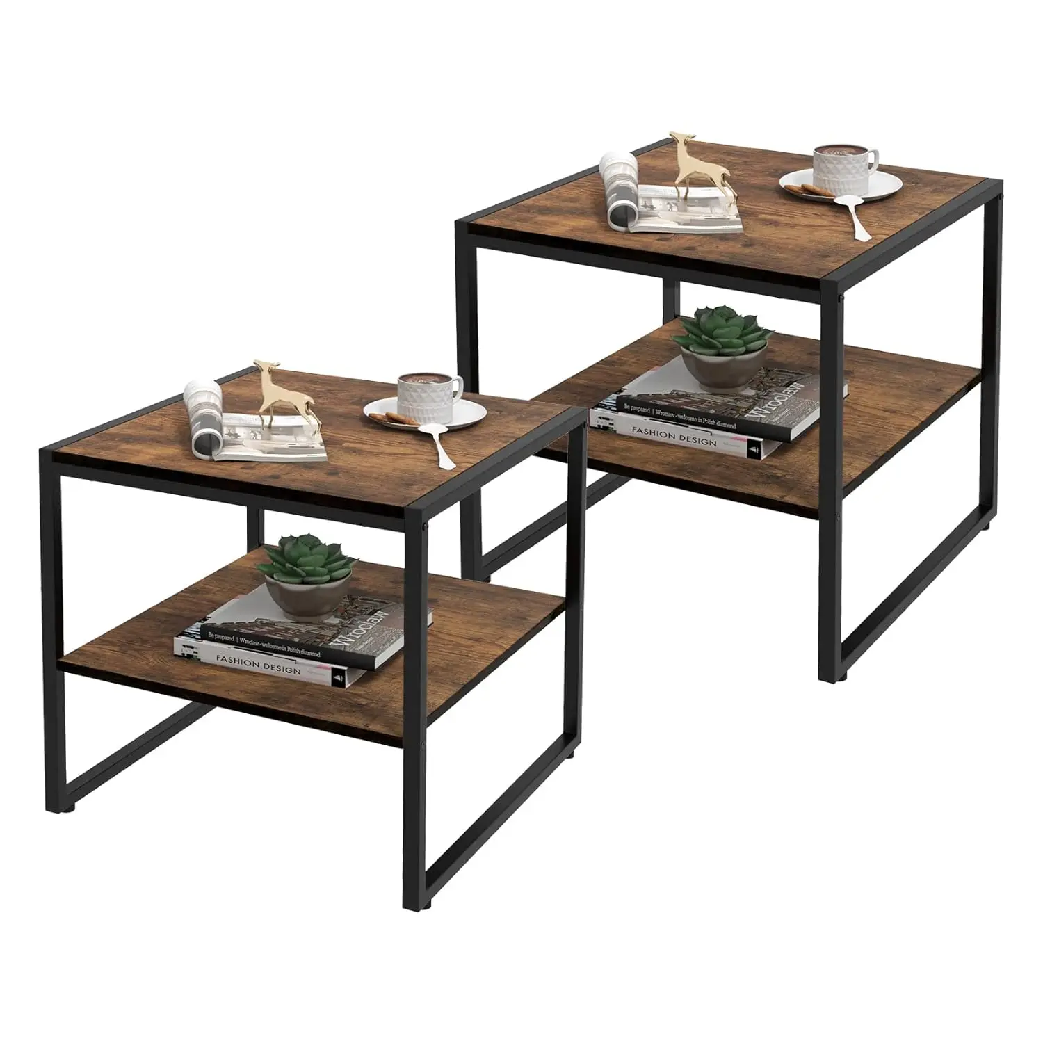 

Square 2-Tier Side Table Set Metal Frame Open Shelf Compact Nightstand Living Room Bedroom Small Space Rustic Brown, Customized