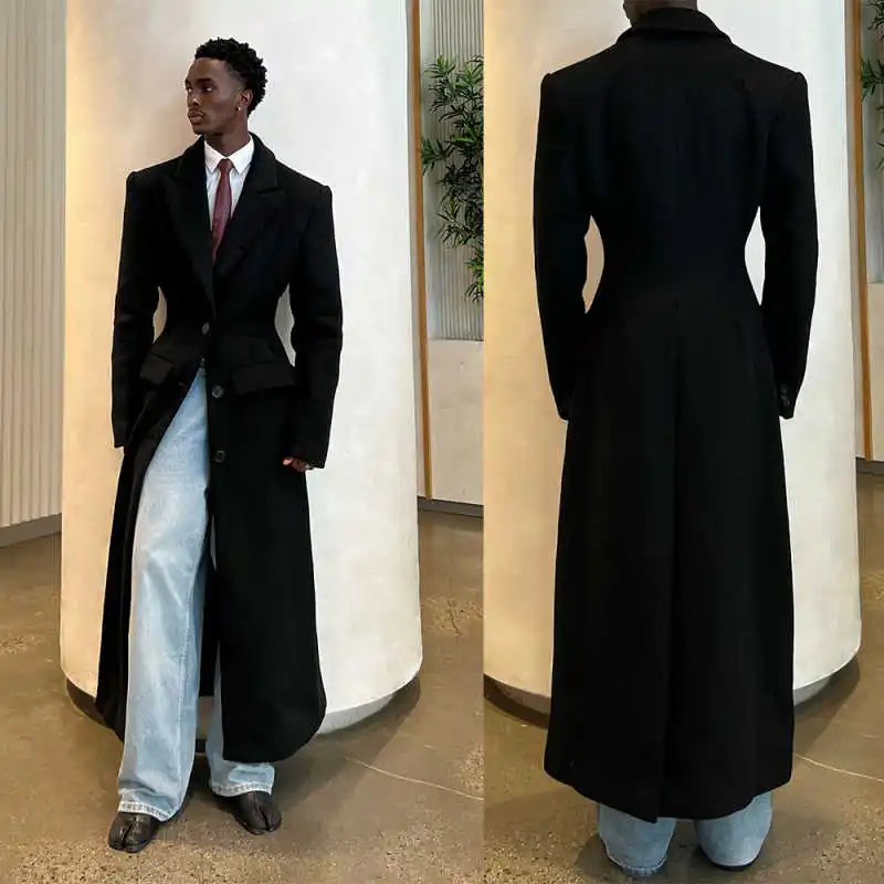 

Classic Men Long Wool Blend OverCoat 1 Piece Slim Fit Peaked Lapel Single Breasted Coat Formal Business Wedding Customized