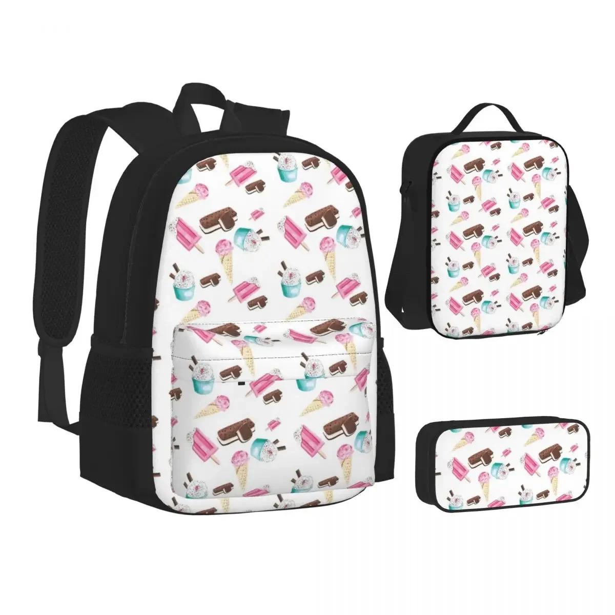 Watercolor Ice Cream And Popsicle Backpacks Boys Girls Bookbag Children School Bags Rucksack Lunch Bag Pen Bag Three-Piece Set