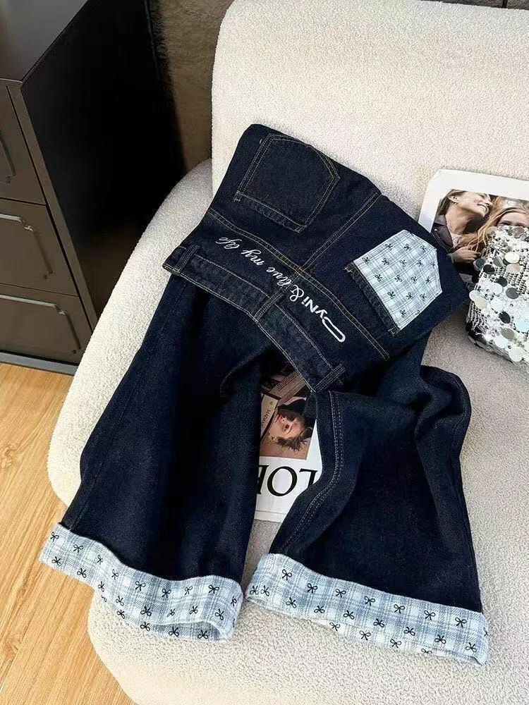 

Женские джинсы в клетку American Design Sense, весна 2025, новые свободные прямые широкие длинные брюки с узлом