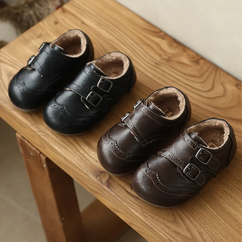 

Winter Warm Lining Soft Short Plush Baby Girls Casual Shoes Grain Cowhide Boys Snowshoe Fashion Children's Flat Shoes