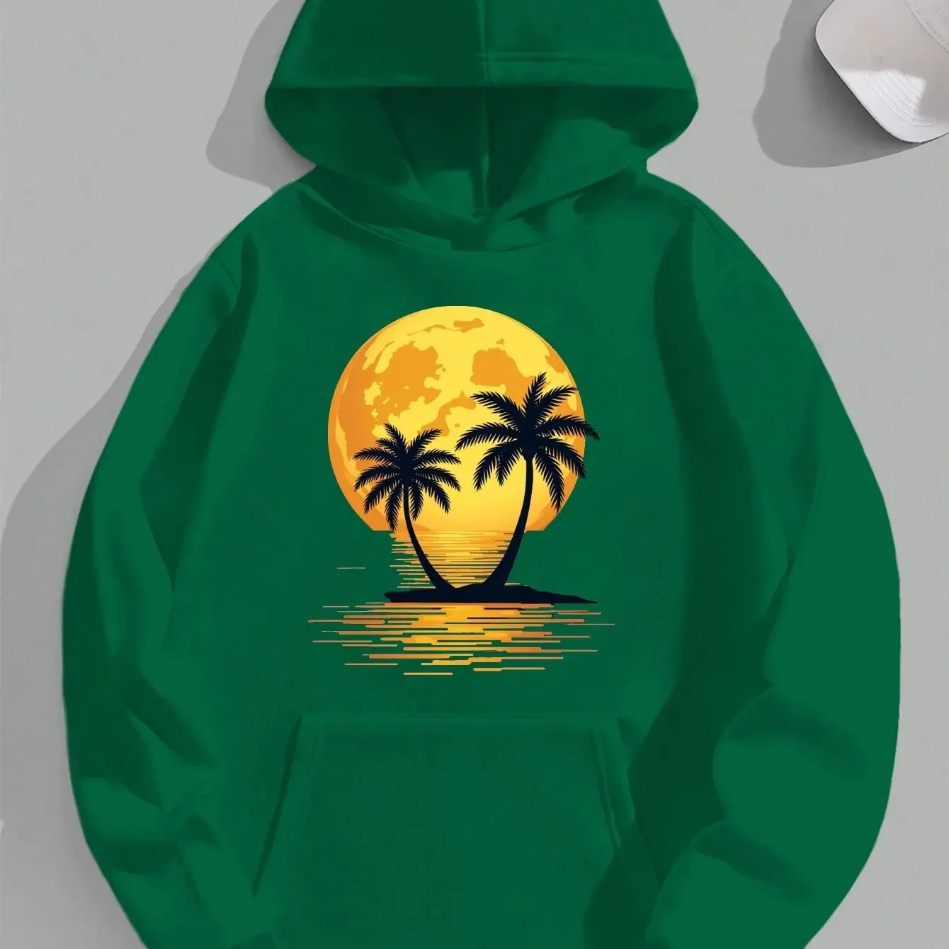 Minimal Palm Tree Island Moon Silhouette Hooded Sweatshirt Unisex Ocean Reflection Tropical Seaside Vacation Long Sleeve Hoodie