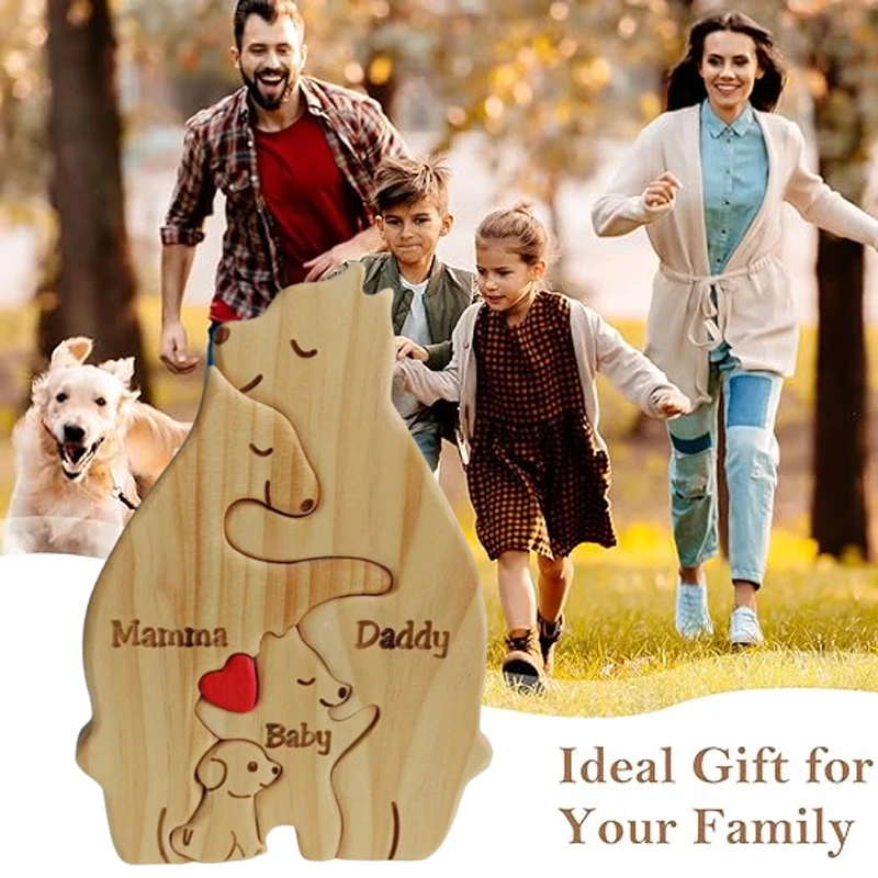 

Family Love Gift Wooden Bears with Dog Puzzle Sculpture Free Custom Family Names For Birthday Anniversary Mother Father's Day