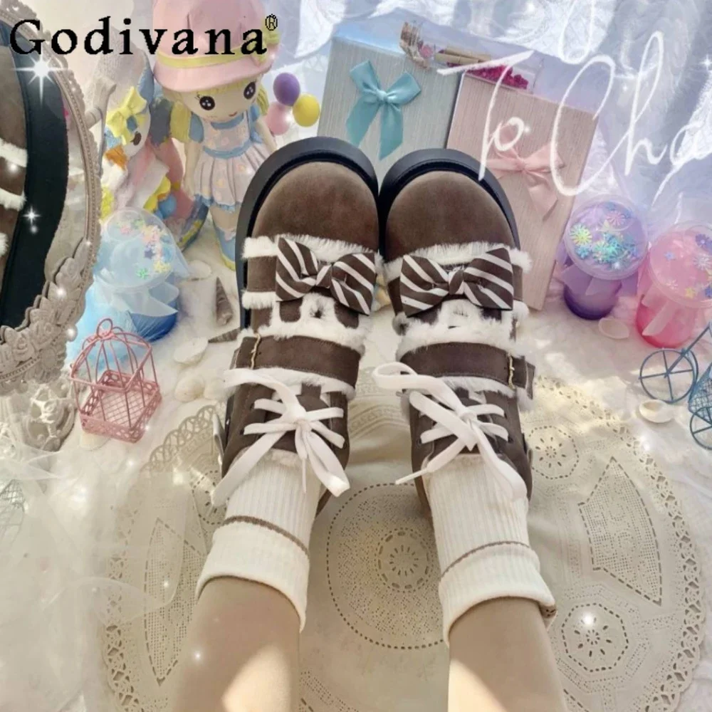 

Lolita Kawaii Shoes for Women Warm Round Head Casual Winter Boots Bow Girl Single Shoe