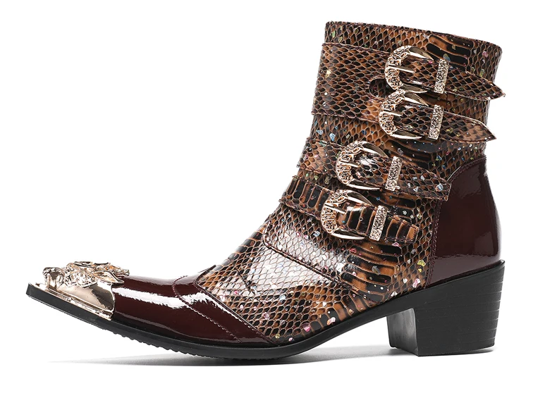 Neue Punk Stil Niet Gürtel Schnalle Dekor Männer Mid-Kalb Stiefel Metall Spitz Spleißen Leder Schuhe Männlich Lace-up Motorrad Stiefel – Detail 14