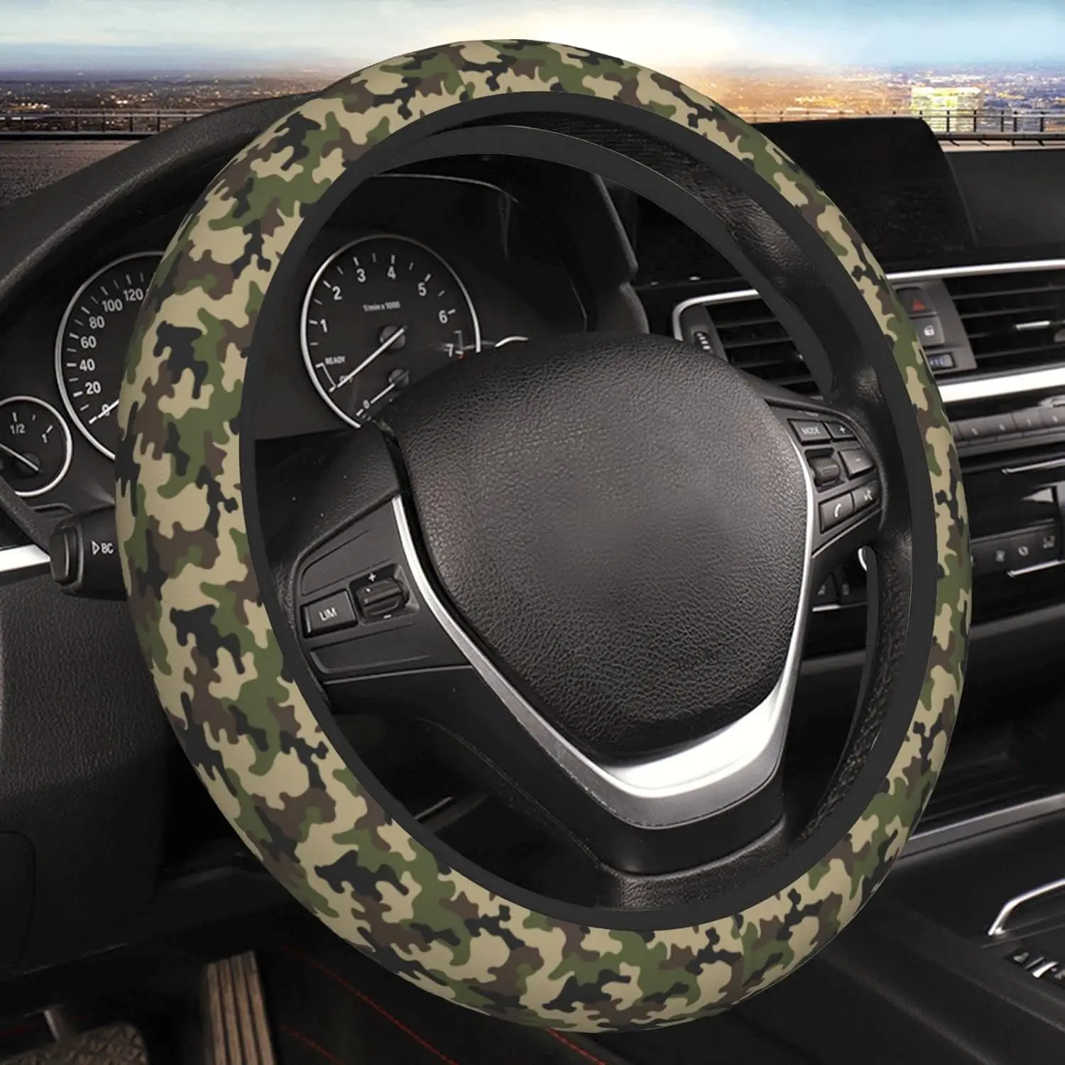 Army Green Camo Auto Car Steering Wheel Cover Universal 15 Inch Neoprene Interior Decor Protection Accessories