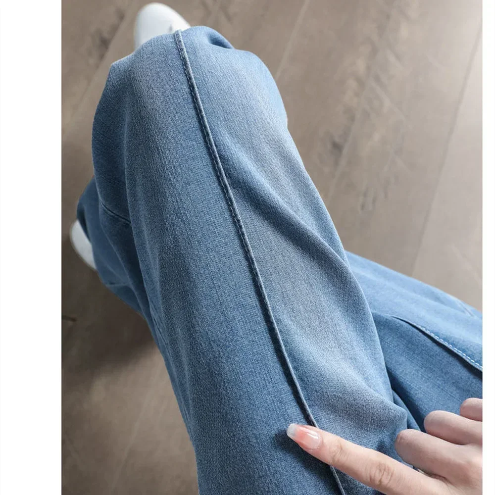 Korean Weichen Jeans Frauen Sommer Ultra-dünne Hohe taille Gerade Drapieren Eis Seide Denim Hosen Jugend Einfache Casual breite bein Hosen