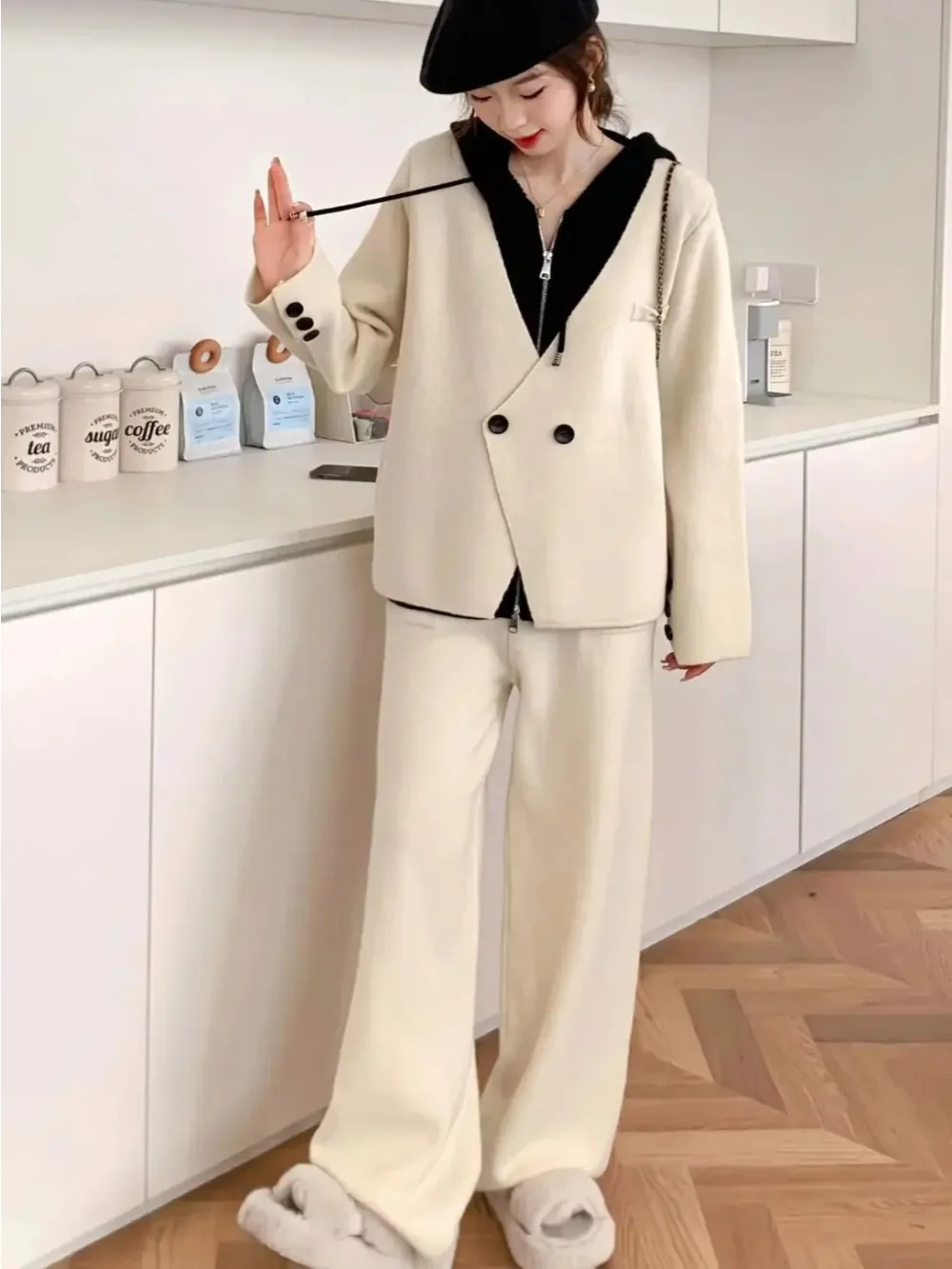 Muslim Tracksuit Women Hooded Sweatshirt Zipper Buttons Sweater Wide Leg Pants Suit Casual Ensemble Knitting 2 Piece Sets