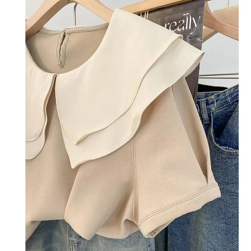 Moda verão peter pan colarinho elegante camisas de manga curta feminina solta estilo francês retalhos fino topos blusa feminina