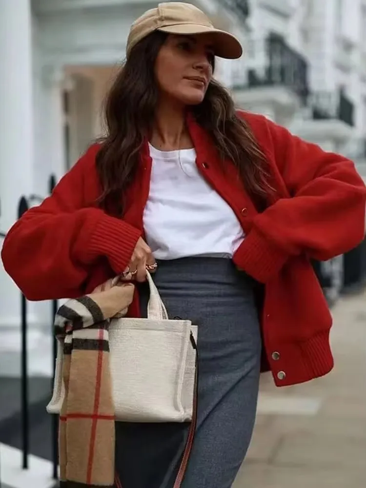 

HH Women Red Coat Casual Single Breasted Long Sleeve Female Coats 2025 Fashion Loose O-Neck Office Lady Outwear