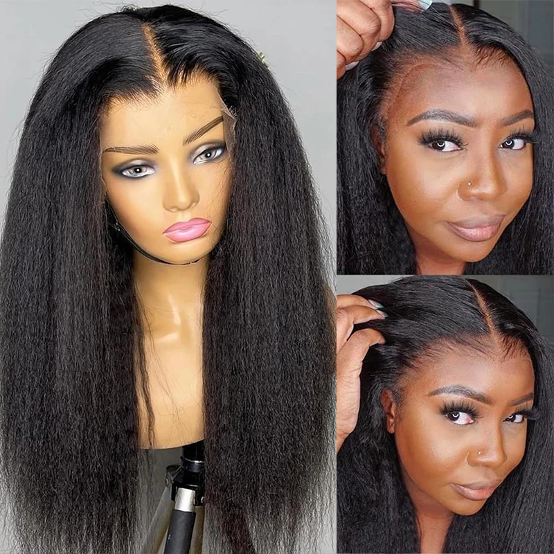 باروكة صناعية بدانتيل أمامي شفاف 13X4، ياكي كينكي مستقيم أسود طبيعي للنساء، ملابس تنكرية يومية