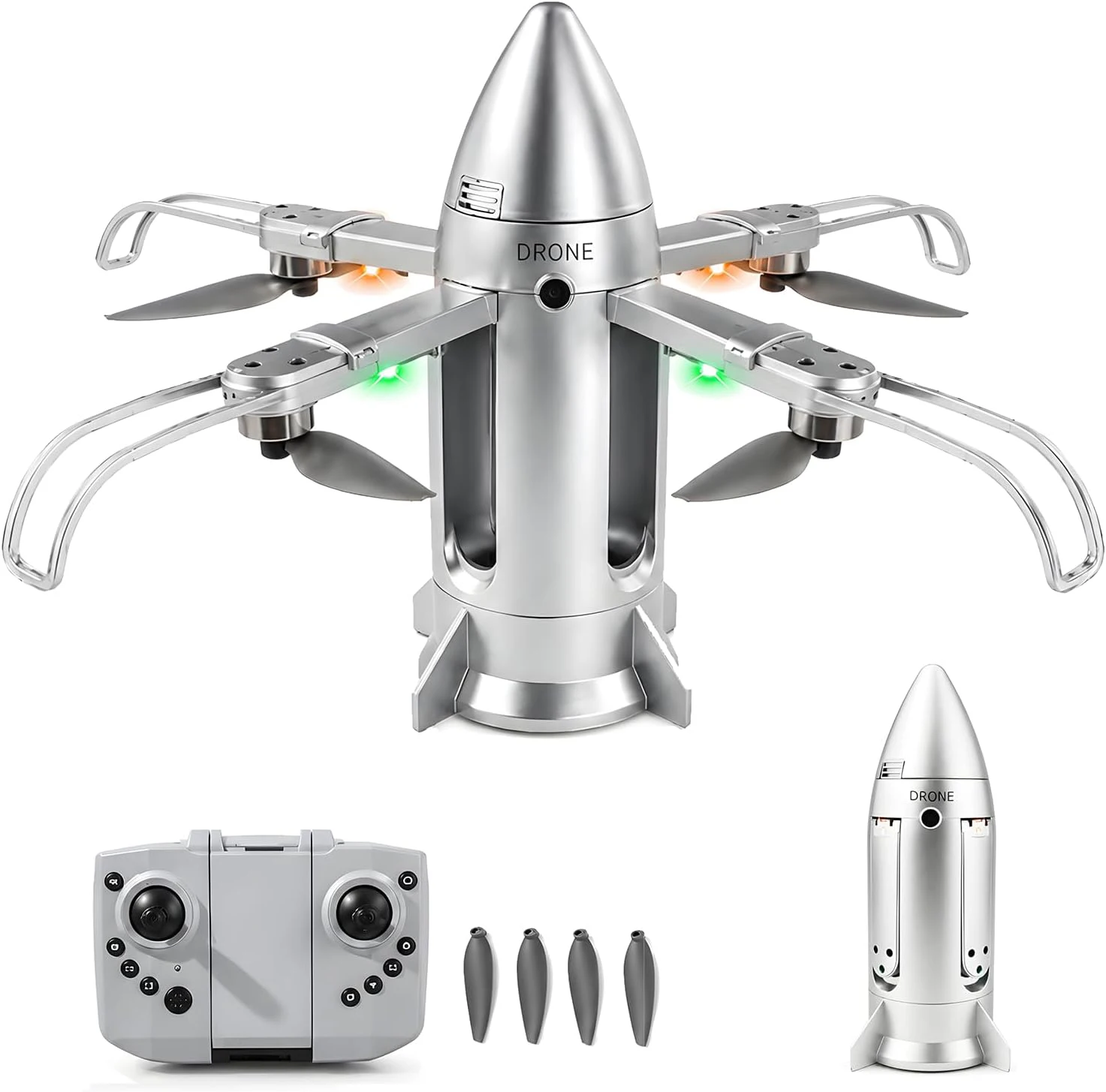 RC Rocket With Cool LED Spray Foldable Stunt Aircraft 2.4G Missle RC Drone Starship 360 Rotation Four-Axis Plane Toy