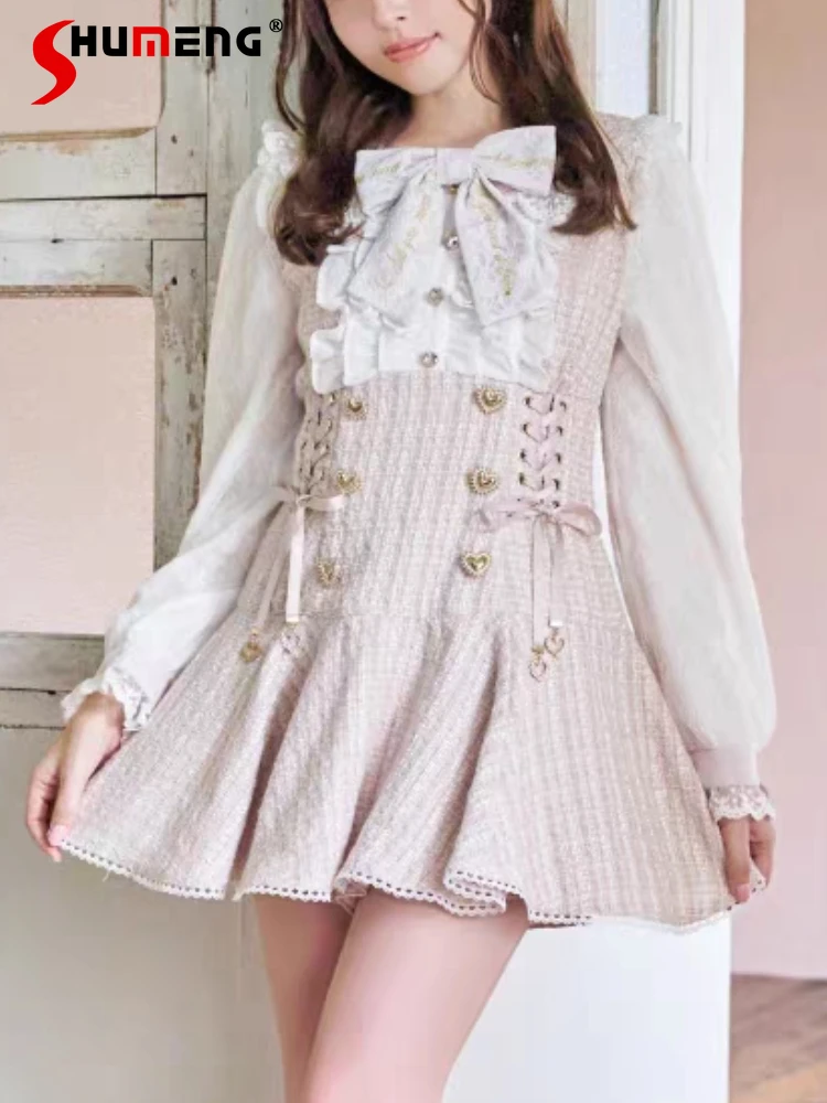 

Japanese Mines Style Mass-Produced Lace Spliced Doll Collar Bow Lace-up Slim Lolita Dress High Waist Shorts Two-Piece Set Women