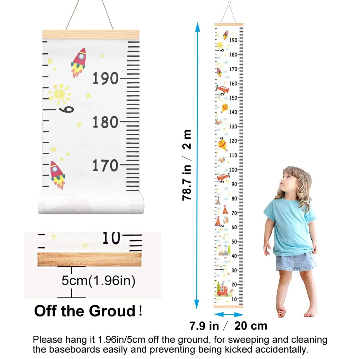 Growth Chart for , Canvas Height Chart Ruler Removable Wood Hanging Wall Ruler Measurement Chart for  Decoration (White)