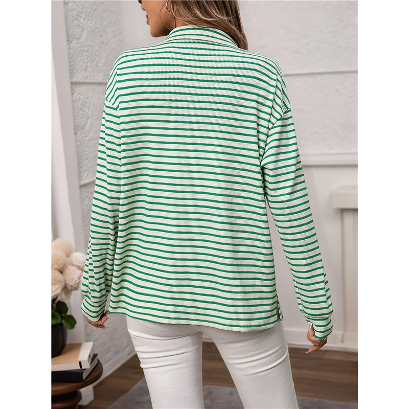 

NEW-Womens Button Down Shirts Striped Classic Long Sleeve Collared Office Work Blouses Tops With Pocket