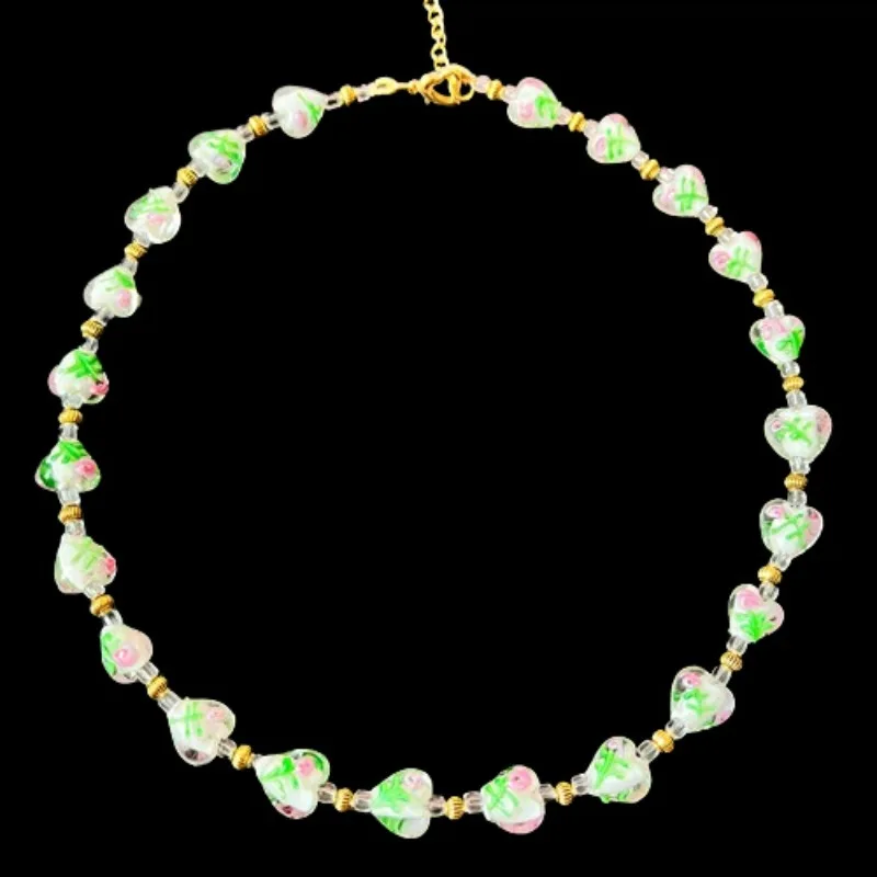 

Autumn Winter Fresh Necklace Retro Style Love Heart Glass Transparent White Glass Inlaid Small Flowers Ancient