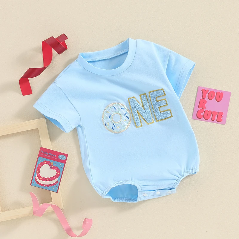 Baby Boy Girl Birthday T-Shirt Short Sleeve One Embroidery Letters Print Clothes Romper Infant Summer Outfits