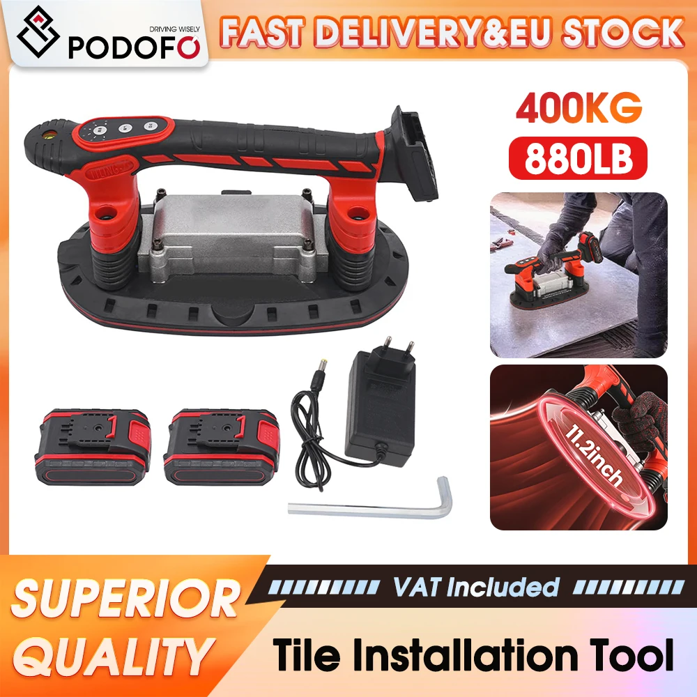 Vibrateur de carrelage Podofo 6 vitesses avec ventouse, double batterie, machine de nivellement portable pour l'installation de carreaux de verre, marbre, murs et sols de 0,3 à 1,2 m, outil de positionnement