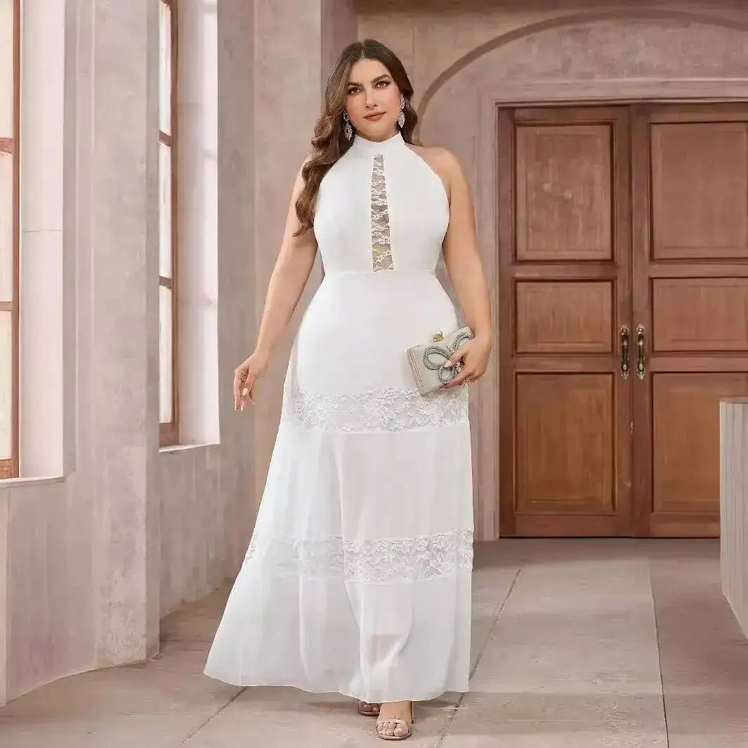 

Size Dress New Plus for Women's Sleeveless Chiffon Lace Round Neck Solid Color Wedding Banquet Dress Summer Elegantes Casual Y2k