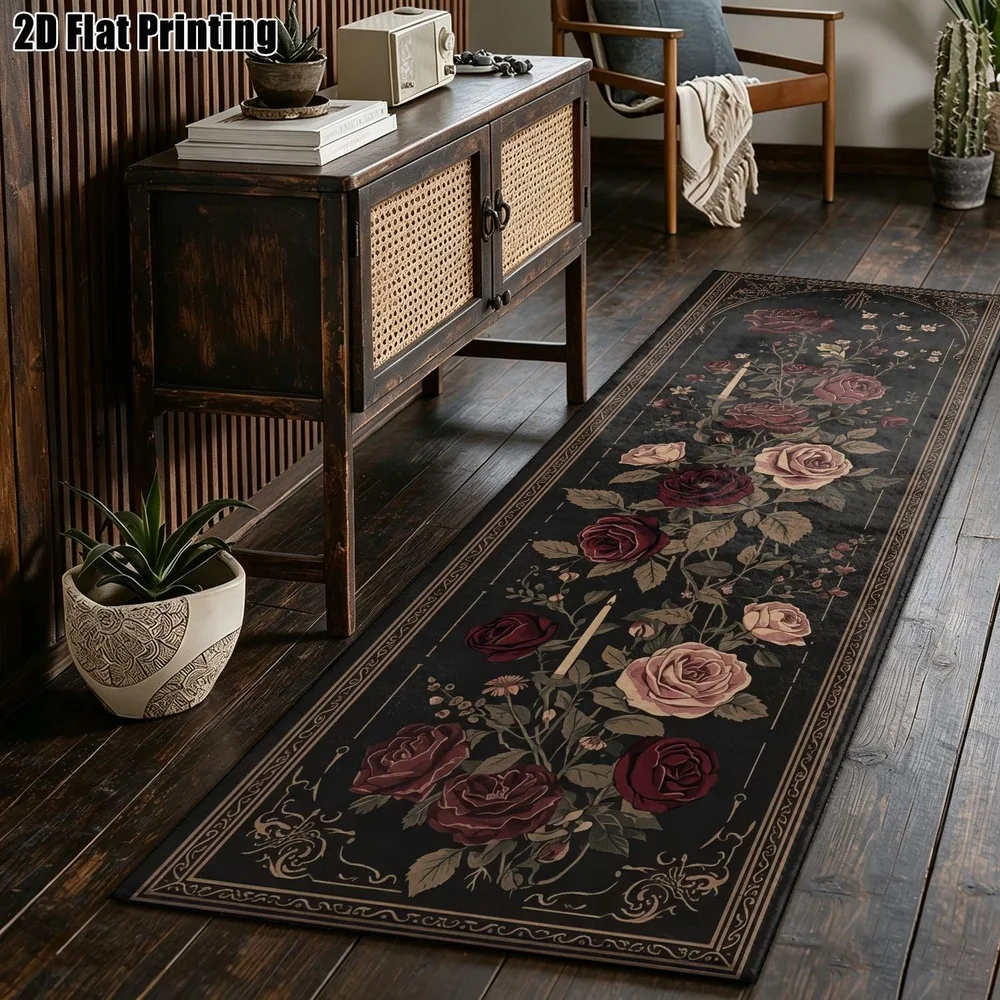 1Pc Gothic Style Skull Rose Pattern Flat Printed Long Carpet, Retro Decorative Floral Butterfly Corridor Carpet, Suitable for Kitchen, Bedroom, Foyer, Balcony, Entrance, Bedside, Dark College Style Halloween Home Decoration