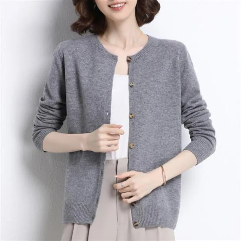 Women\'s Clothing Solid Color Button Long Sleeve Sweater Knitted Cardigan Autumn Winter Coats Casual Crew Neck Screw Thread Tops