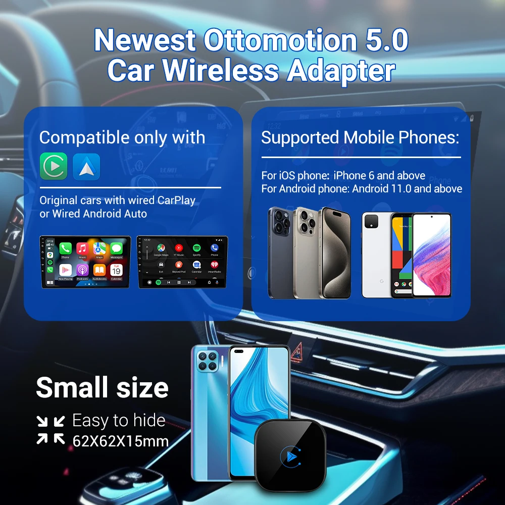 Ottosion 5.0 Wireless CarPlay Android Auto Adapter Car Play Dongle per Audi Honda Hyundai OEM Wired CP AA Car