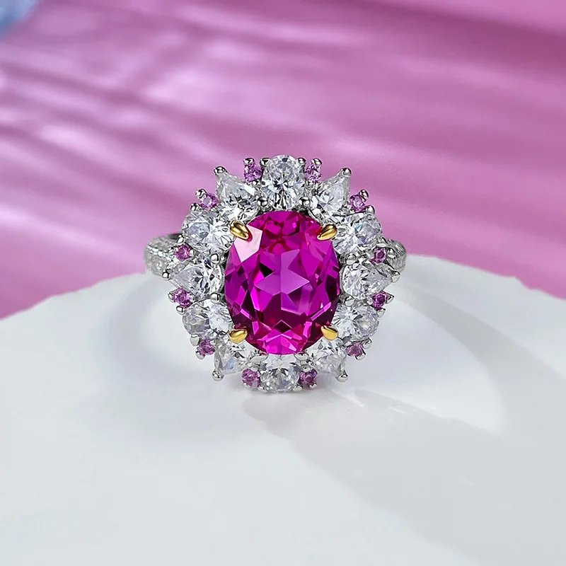 

2023 New s925 Silver Elegant 8 * 10 Pink Diamond Ring Women's European, American, French Fashion Versatile