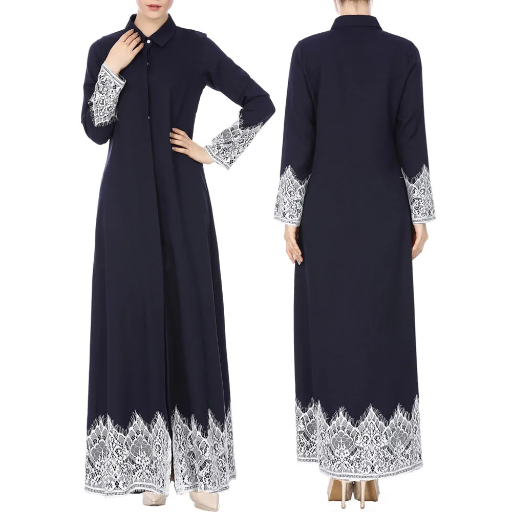 

Women's Elegant Muslim Dress Trimmed Kaftan Abaya Maxi Front Kimono Lace Dresses Causal Print Long Sleeve Ankle Length Sundress