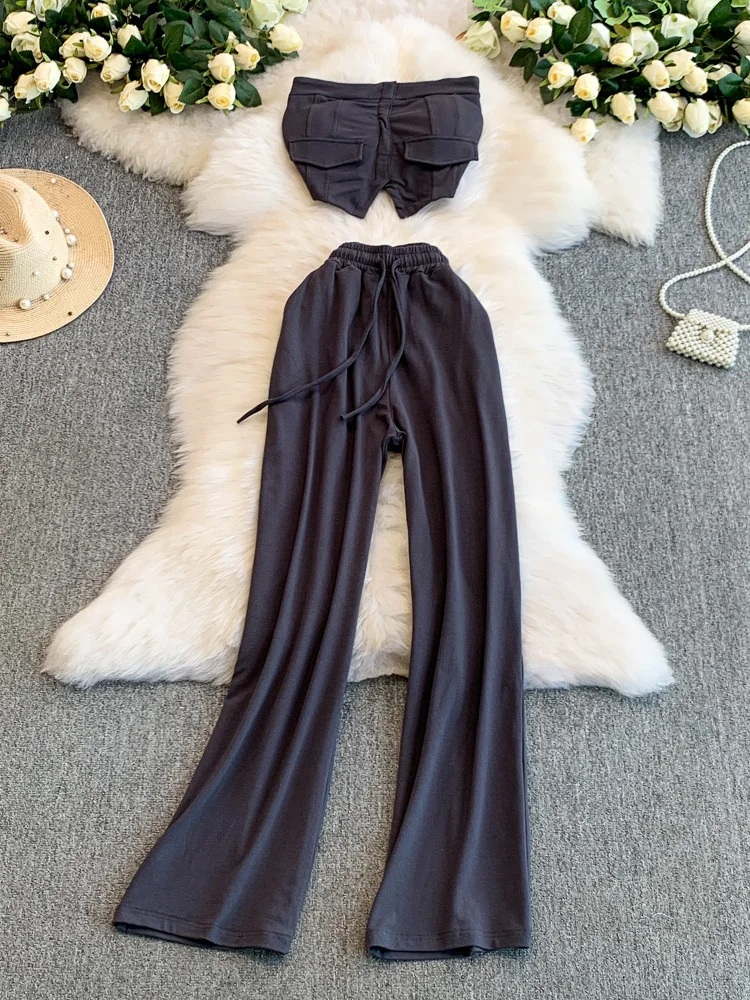 

American Sle Sexy ort Top with Chest Pad And ket High Waist Slimming Wide Leg Pants Two Piece Set Faionable Streetwear