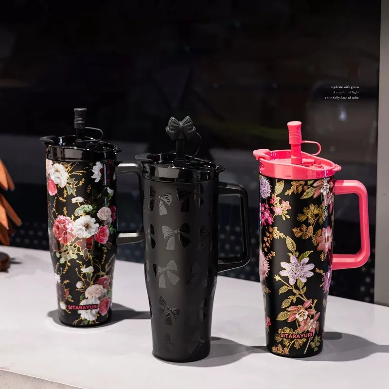 SITARAYURI 1.2L Insulated Cups with Straw Stainless Steel Thermos Bottles Decal-Art Vacuum Flasks Keep Hot＆Cold Travel Car Mug